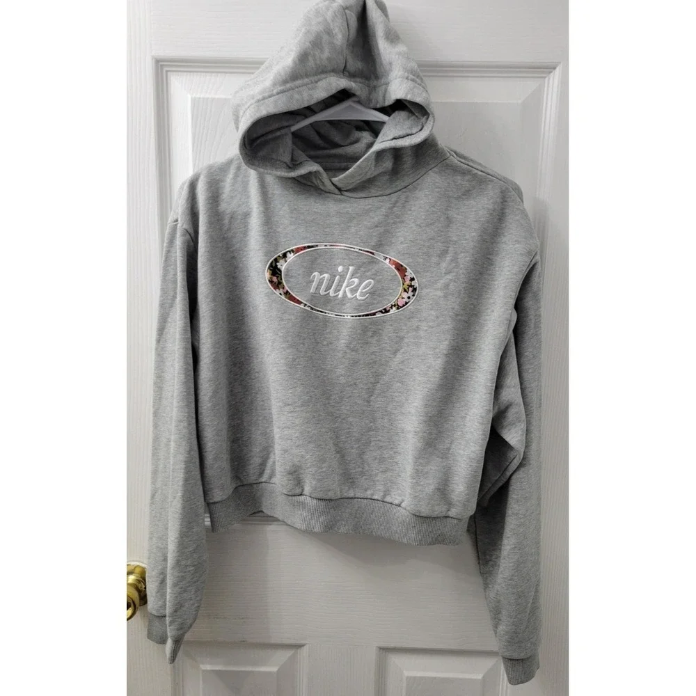 Nike Cropped Small Floral Hoodie Sweatshirt Pullover Gray Embroidered EUC
